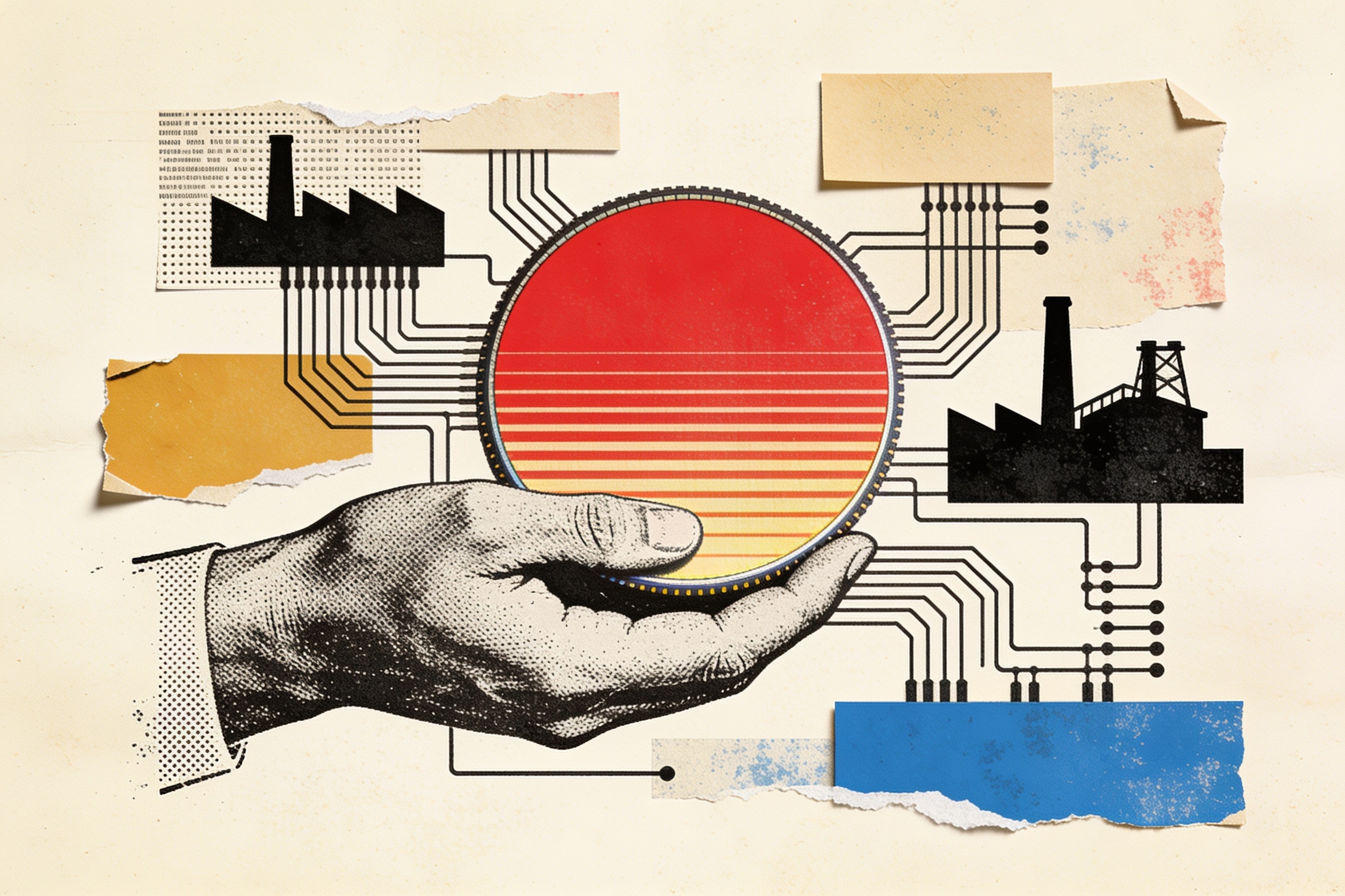 An engraved hand holding a silicon wafer radiating like a striped sun over cut-paper circuit traces