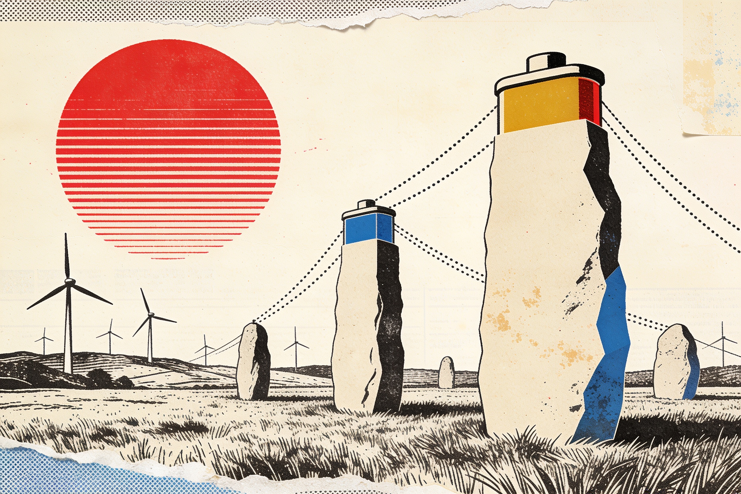 An engraved landscape with wind turbines and monolithic battery shapes standing in a field like ancient stones