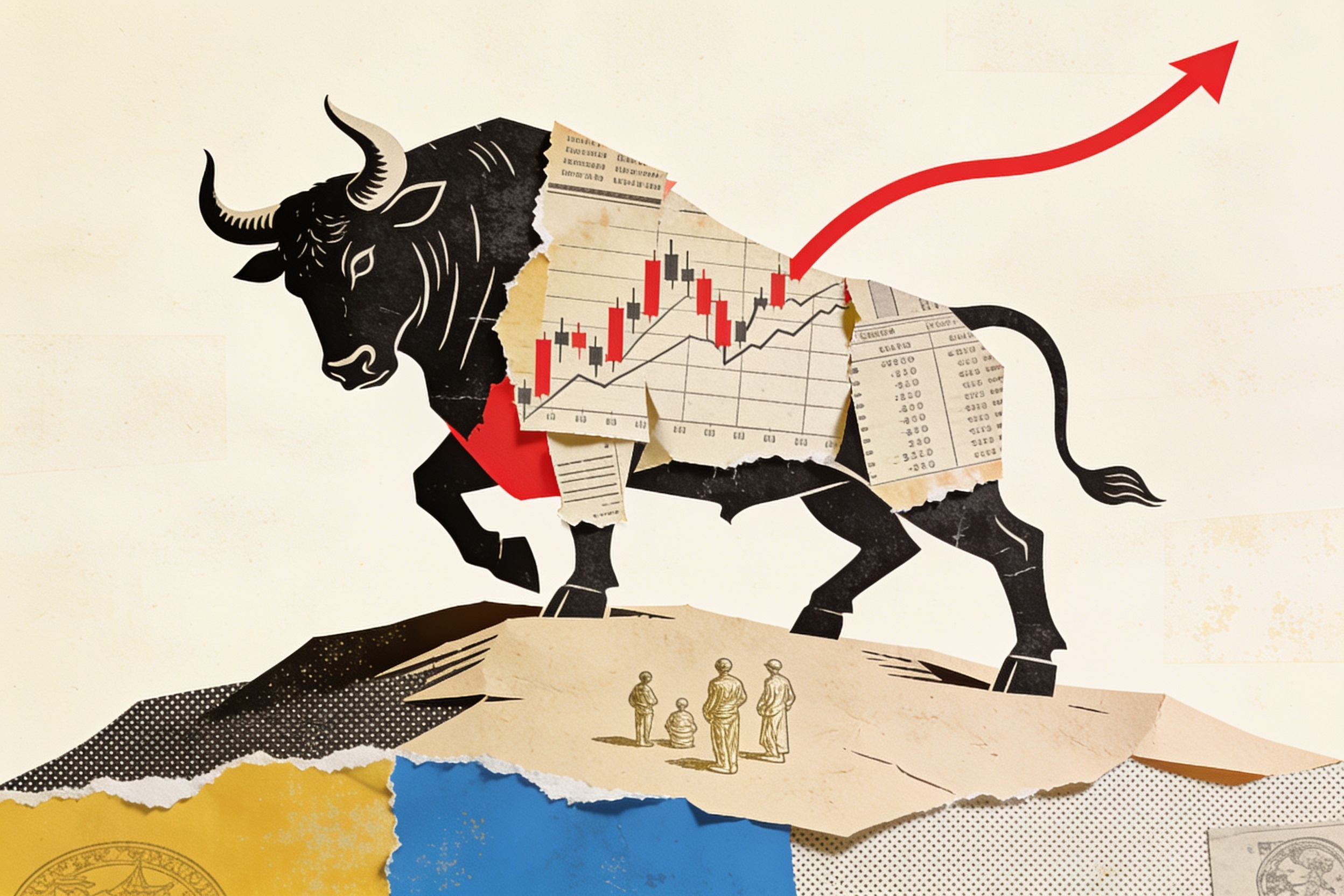 A bull assembled from torn ledger paper and rising chart lines, watched by small engraved figures