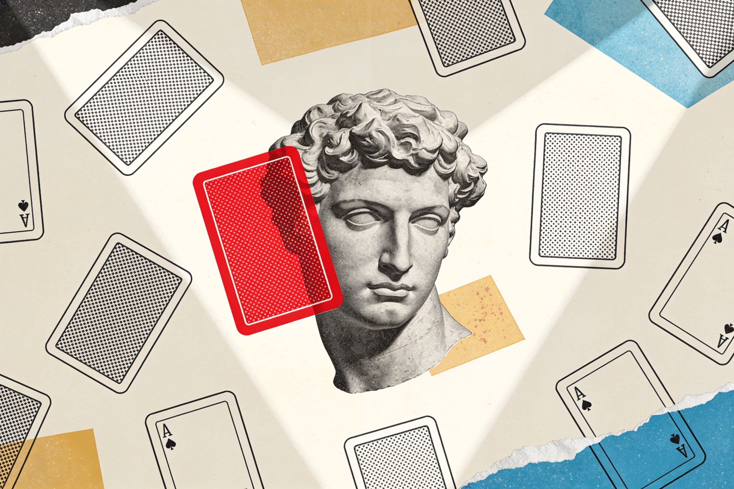 An engraved classical statue head surrounded by floating cut-paper frames, one highlighted in vermilion