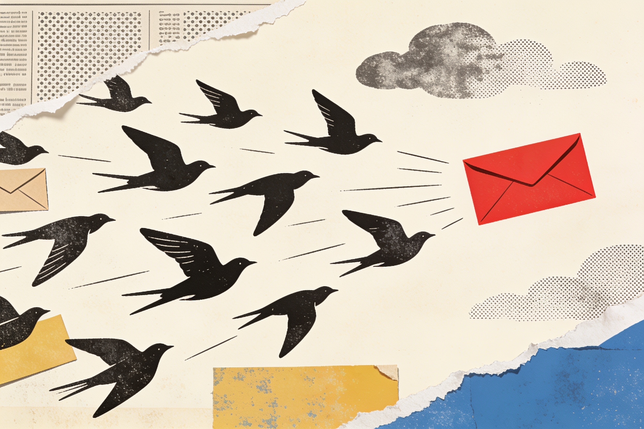 A vintage printing press releasing a flock of cut-paper envelopes that become birds mid-flight