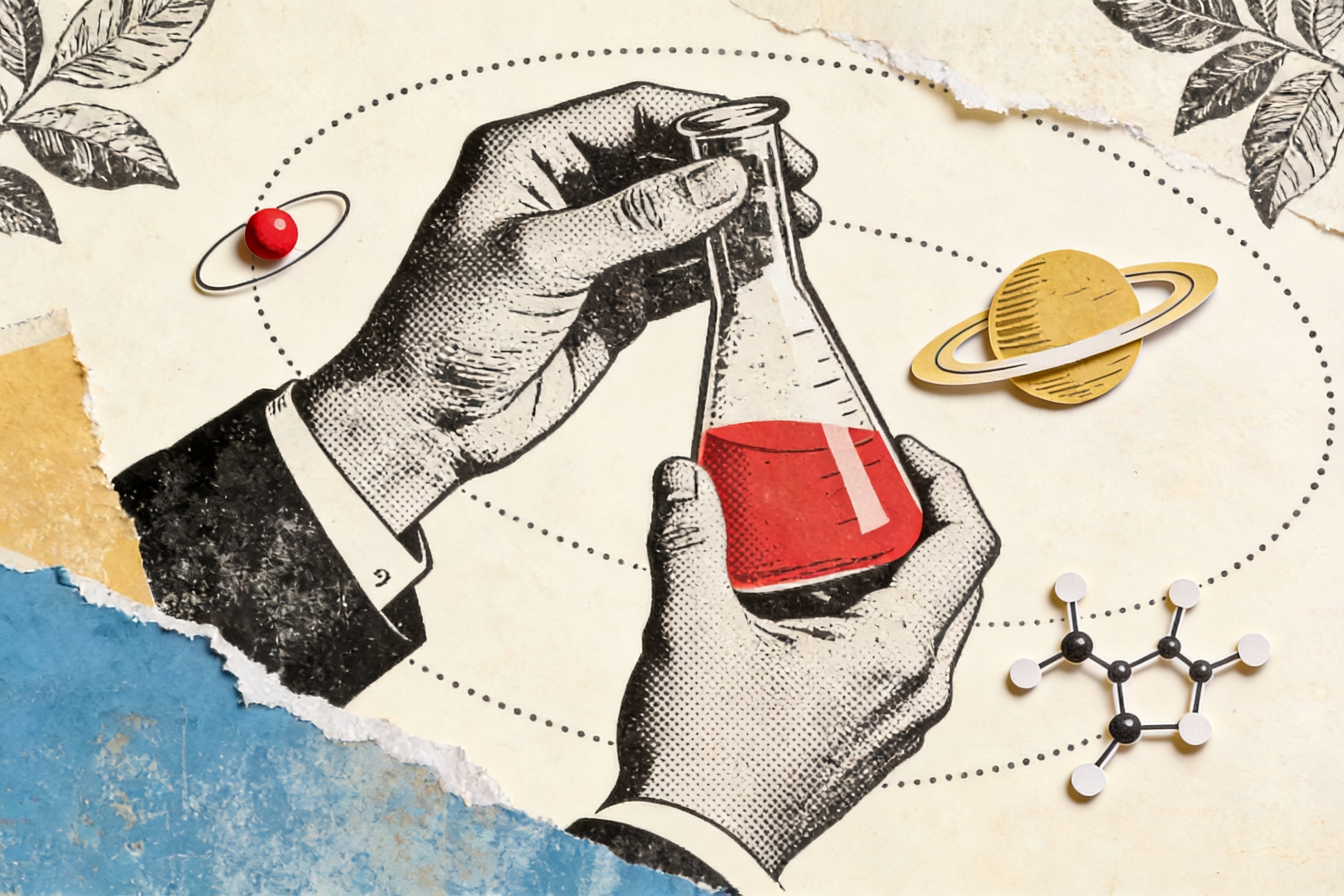 Engraved hands holding laboratory flasks while cut-paper molecular rings float like planets