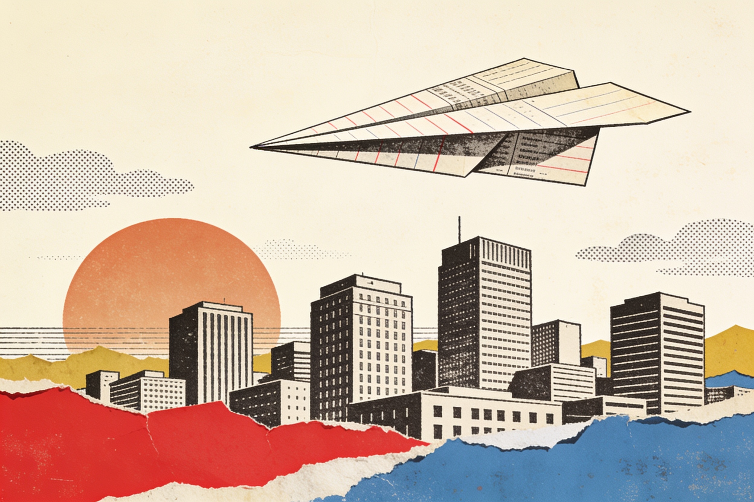 A paper airplane folded from ledger paper gliding over cut-paper office towers beneath a low ochre sun