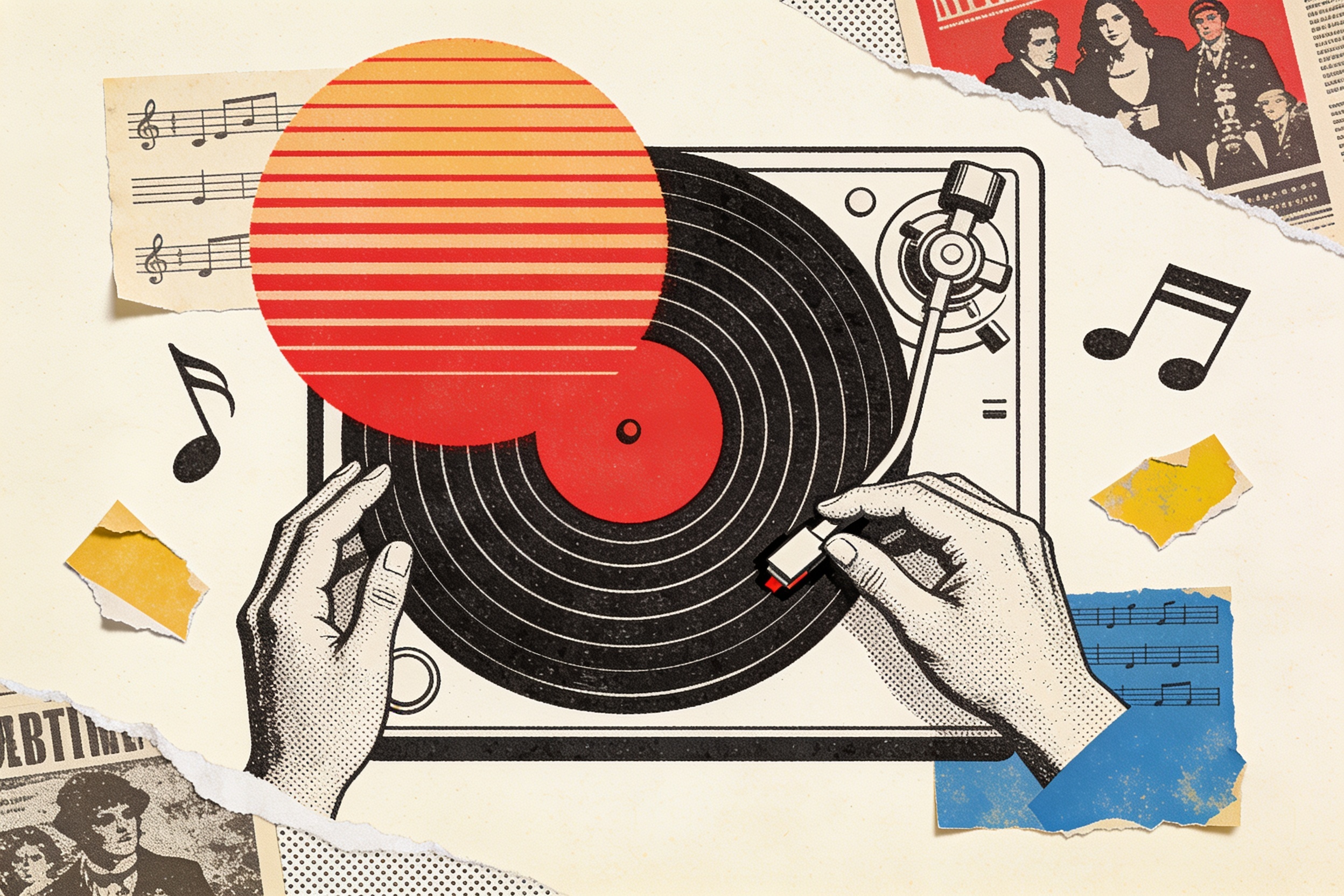 A turntable whose record is a giant striped sun, with engraved hands lowering the needle