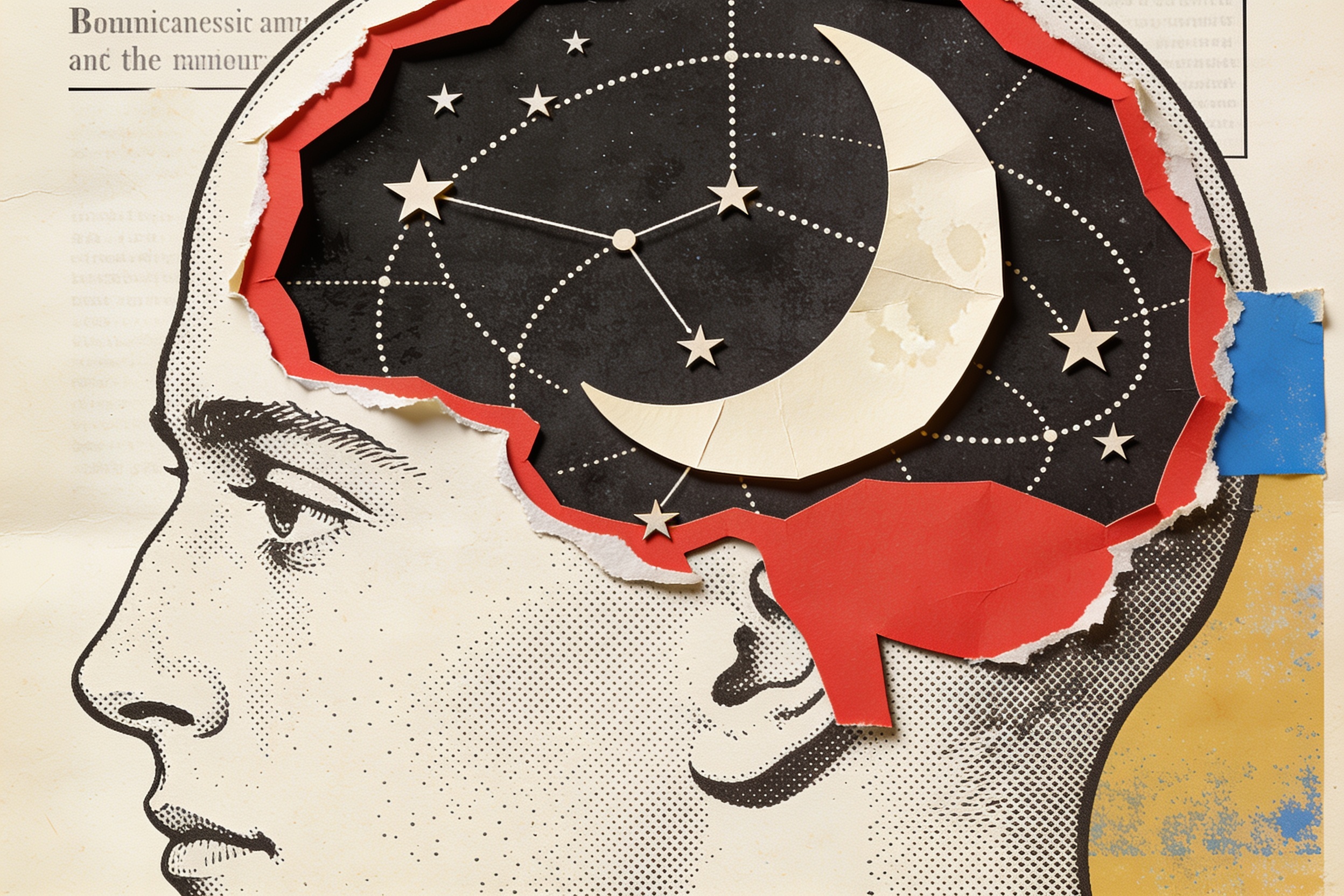 A vintage anatomical profile of a head containing a crescent moon and constellation diagrams